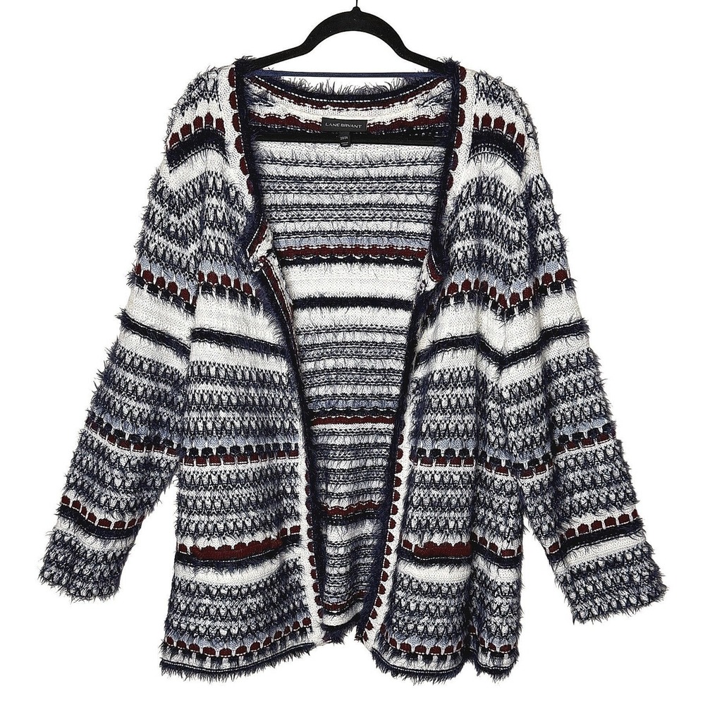 Lane Bryant Women 22/24 Open Front Cardigan Blue White Fuzz‎ Cozy y Eyelash Knit